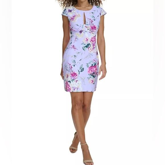 Siena Women's Keyhole Twist-Front Cap-Sleeve Dress Purple Floral Sz 2 NWT - Picture 1 of 7